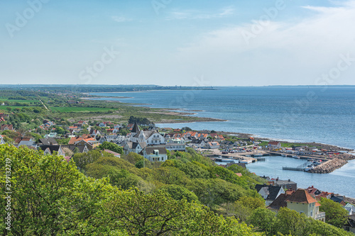 View from above to the swedish coastal city with boats and houses