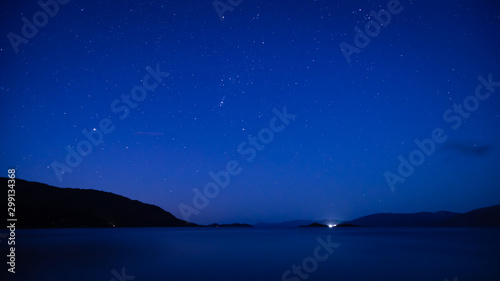 a view of the stars on the shore of loch linnhe a sea loch in the argyll region of the highlands of scotland during a crystal clear night in autumn