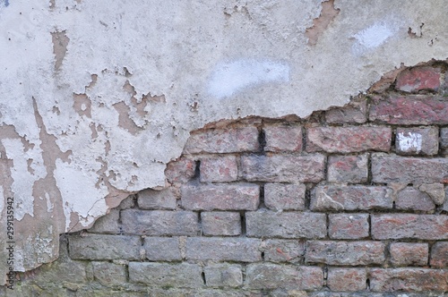 Deteriorated White Wall with Bricks underneath and Moss