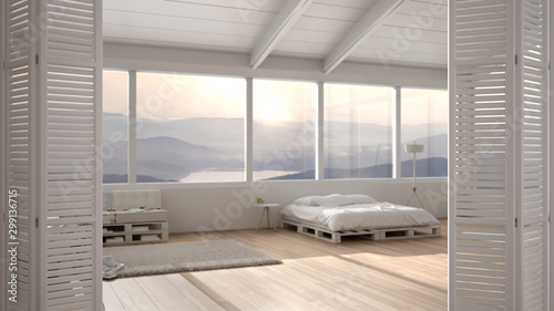 White folding door opening on modern luxury minimalist bedroom with double bed, sofa and big panramic window, interior design, architect designer concept, blur background