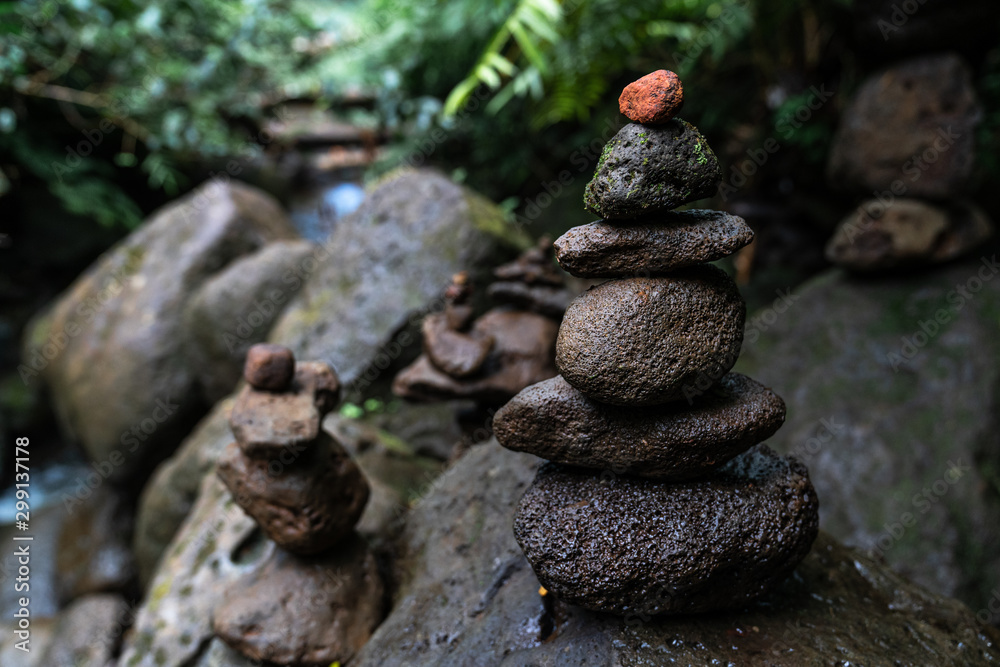 Cairns and markers at Manoa falls trail, Honolulu Hawaii