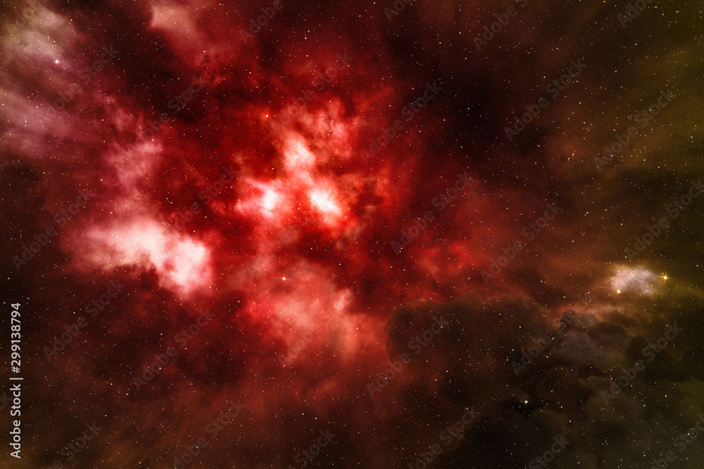 Fototapeta czerwona mgławica świecąca w gwiaździstej przestrzeni kosmicznej