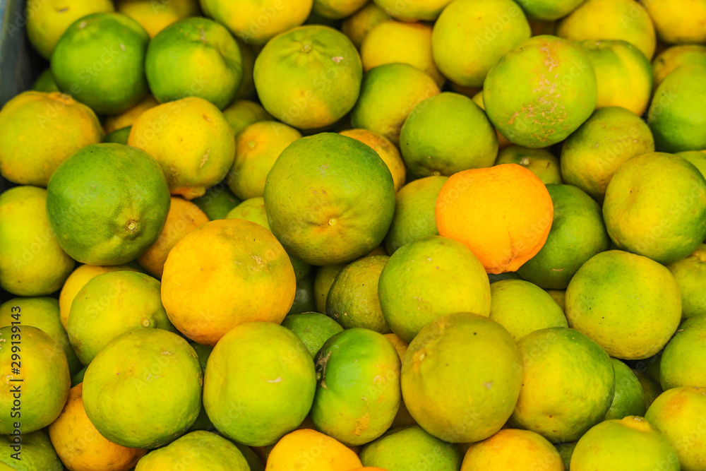 Heap Bunch Bundle Many Oranges Fruit Fresh From Farm Yellow and Green Color in Market Decoration and Sale