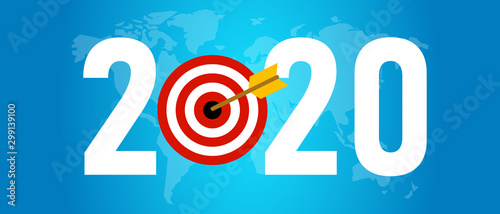 2020 target new resolution. Symbolize with dart arrow world map in blue