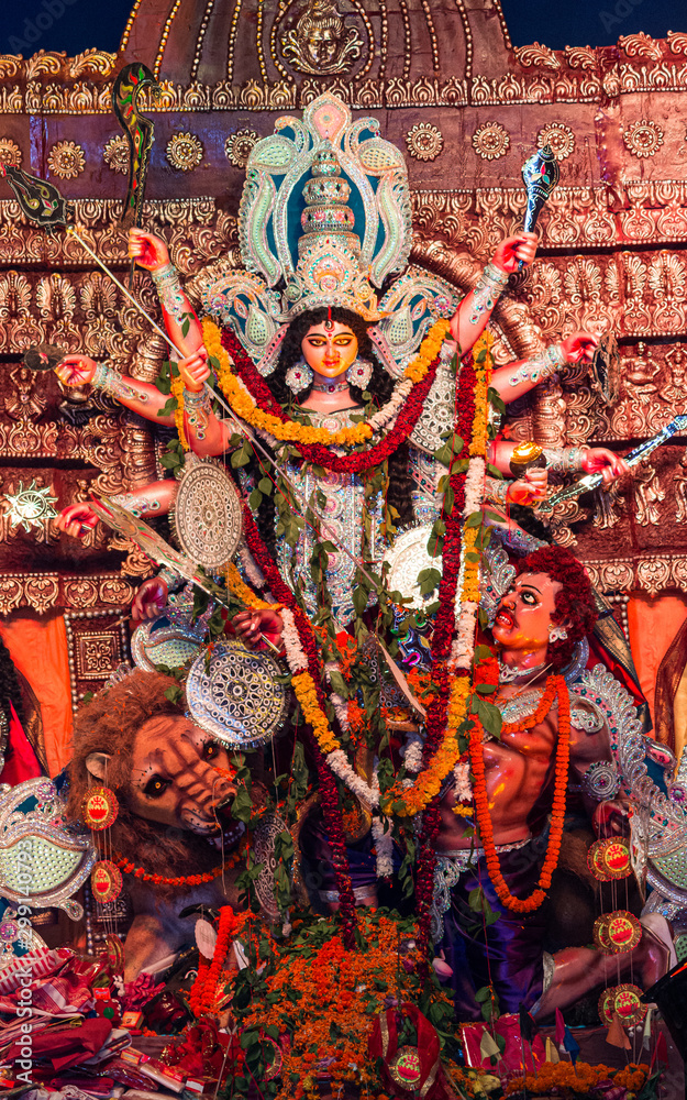 Goddess Durga idol during the navratri/durga puja celebration in India Goddess Durga idol during the navratri/durga puja celebration in India