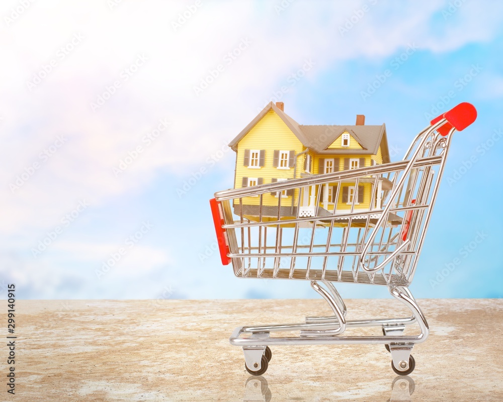 Classic house model in shopping cart on backgrouund Classic house model in shopping cart on backgrouund