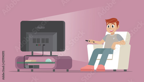 Cartoon character Poses, Man sitting on sofa watching tv at home. View your favorite television show or movie