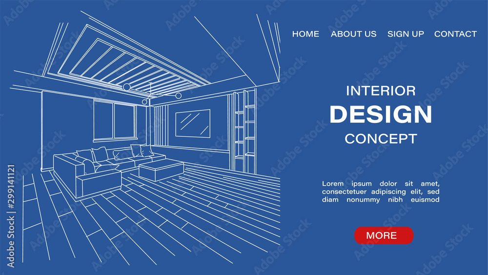 Interior design concept site template with blueprint sketch of a modern living room. Architectural Vector