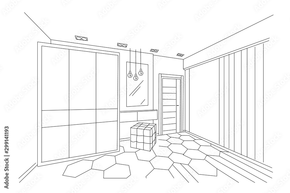 Three dimensional sketch of a modern bedroom with closet, makeup place and entrance. Lamps hanging. Architectural vector