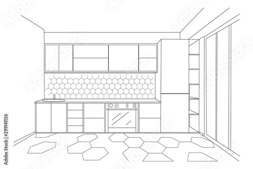 Modern minimalist kitchen sketch. Sink, oven and fridge. Vector