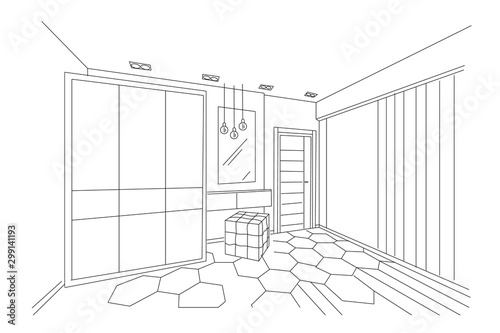 Three dimensional sketch of a modern bedroom with closet, makeup place and entrance. Lamps hanging. Architectural vector