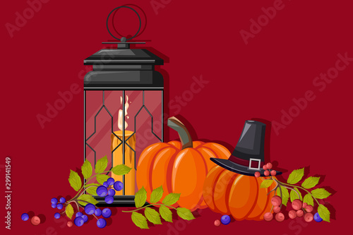 Halloween decorations with witch hat, pumpkins, blue and red berries, light up lamp with candle. Red background. Holiday Vector