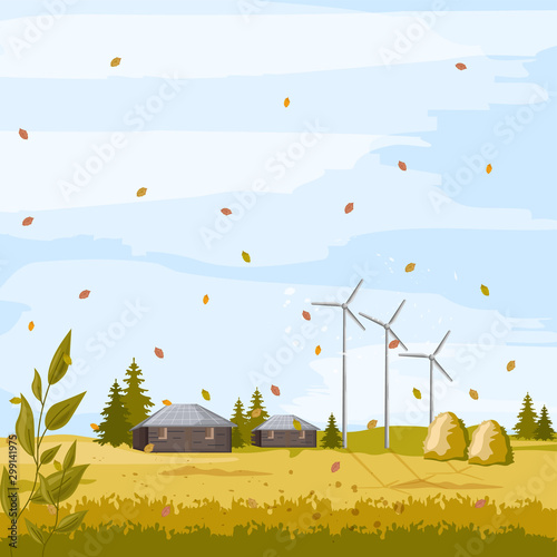 Autumn meadow field with barn, haystack and windmill on background. Warm weat...