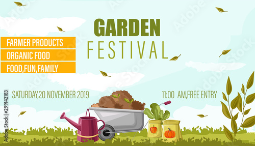Garden festival advertisement banner with a wheelbarrow in a meadow field, watering pot and vegetable seeds. Autumn agricultural vector