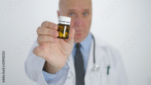 Image with a Confident Doctor Recommending Medical Pills in a Recipient 