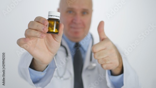 Image with a Doctor Smiling and Recommending Vitamin Pills with Thumbs Up