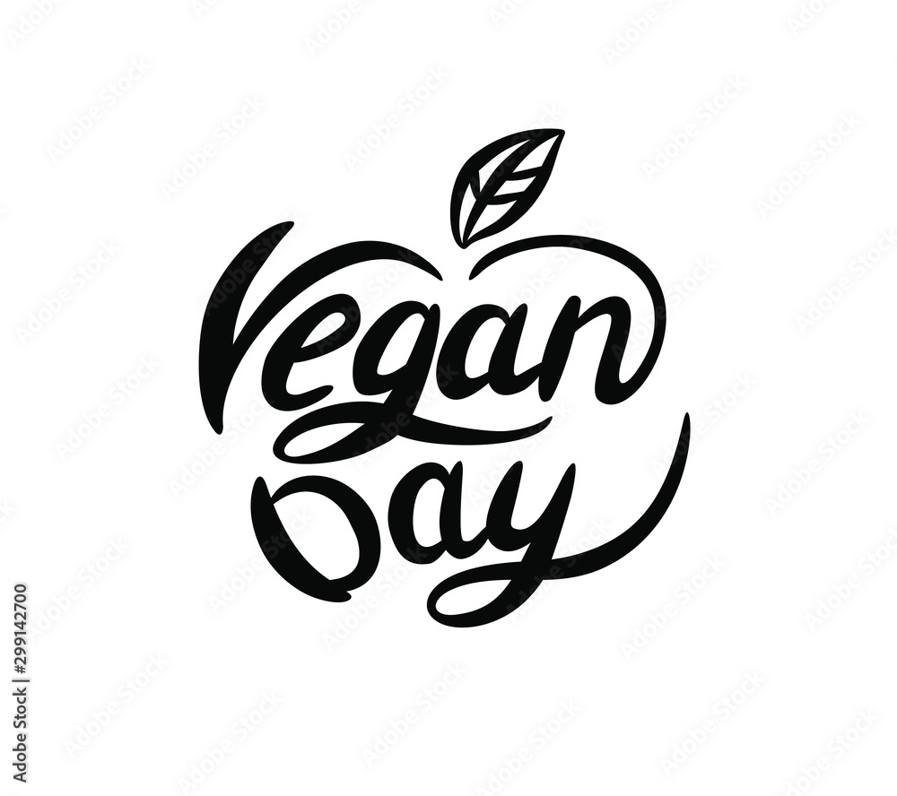 Fototapeta premium Vegan Day vector lettering sign with leaf.