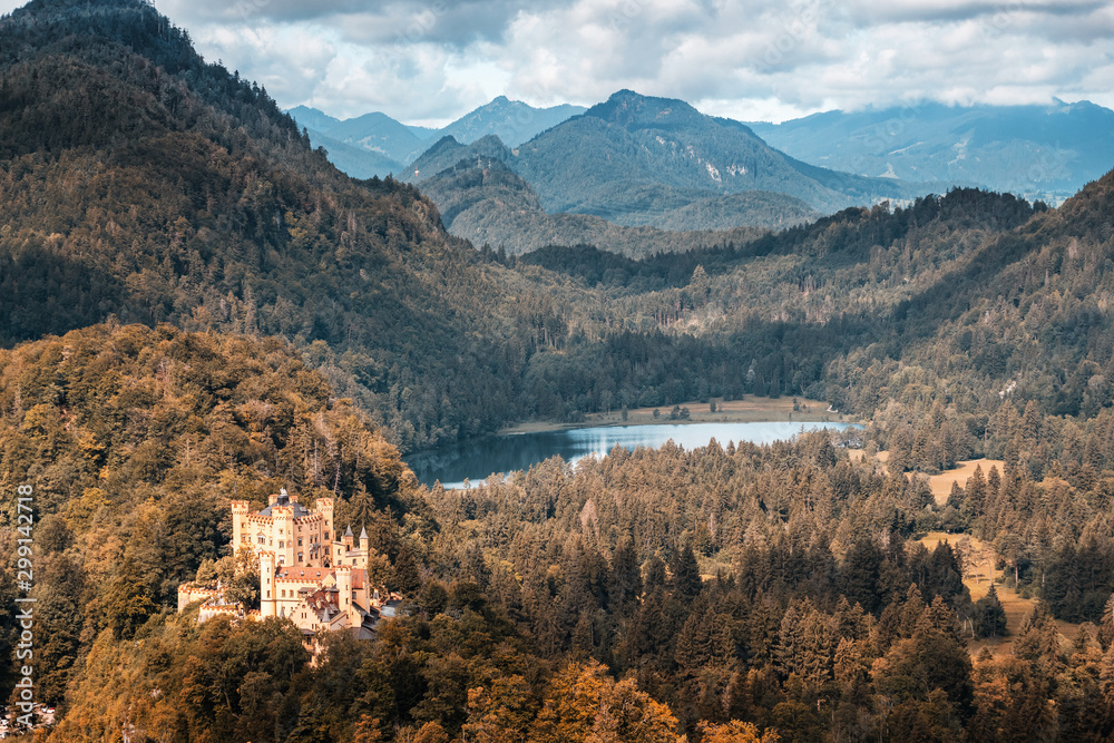Scenic views of Hohenschwangau castle in the Bavarian Alps. A popular tourist attraction near Munich city