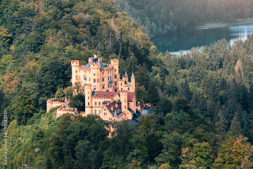 Scenic views of Hohenschwangau castle in the Bavarian Alps. A popular tourist attraction near Munich city