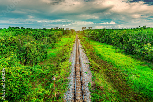 Fototapeta Naklejka Na Ścianę i Meble -  Railroad and railway train transportation with color of sky sunlight