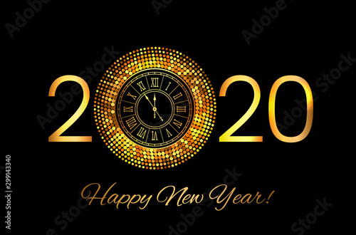 Greeting card or invitation happy new year 2020. Gold frame disco lights in the style of halftone.