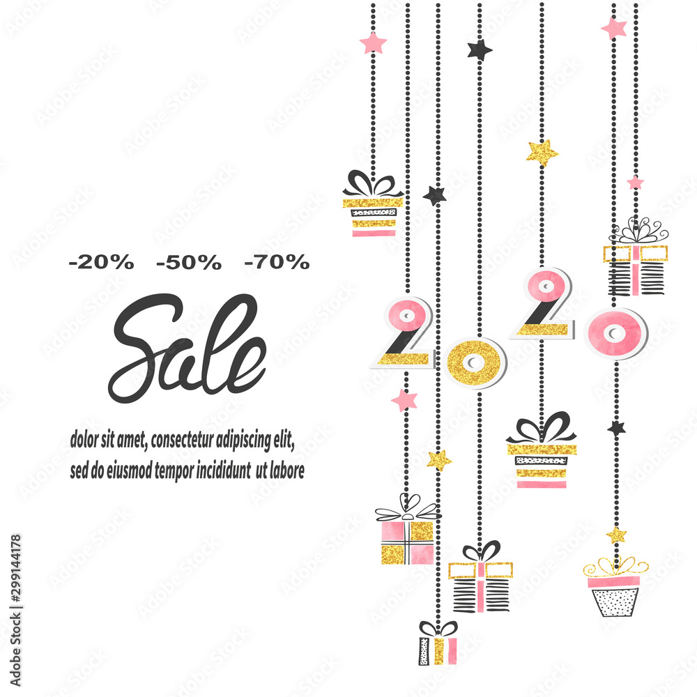 Naklejka premium Christmas and New Year banner with hanging gifts and 2020 numbers. Winter sale.