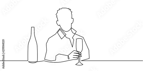 Man holding wine glass and bottle at the bar continuous one line vector drawing.