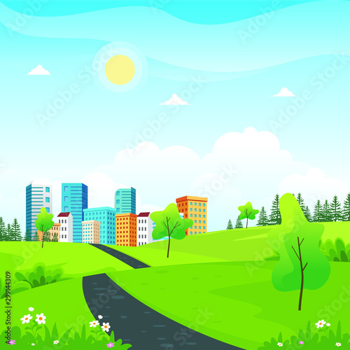 Fototapeta Naklejka Na Ścianę i Meble -  Summer city park with beautiful scenery landscape vector illustration