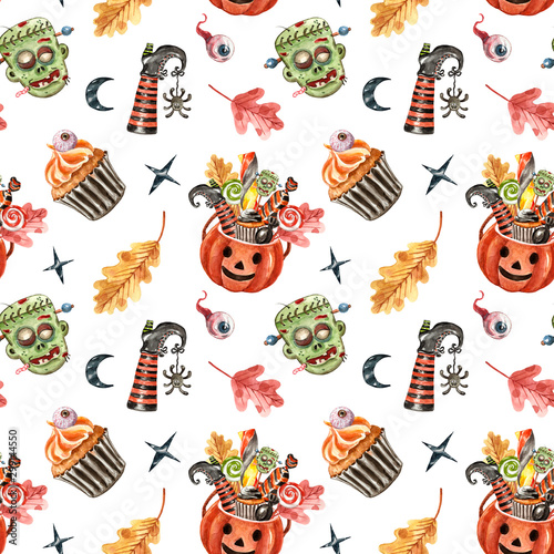 Watercolor happy Halloween seamless pattern. hand drawn holiday treats, candies, witch legs, lollipop, creepy zombie head, spooky eyeball, isolated on white background. Festive Holiday print.