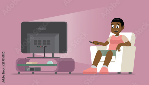 Cartoon character Poses, African Man sitting on sofa watching tv at home. View your favorite television show or movie.
