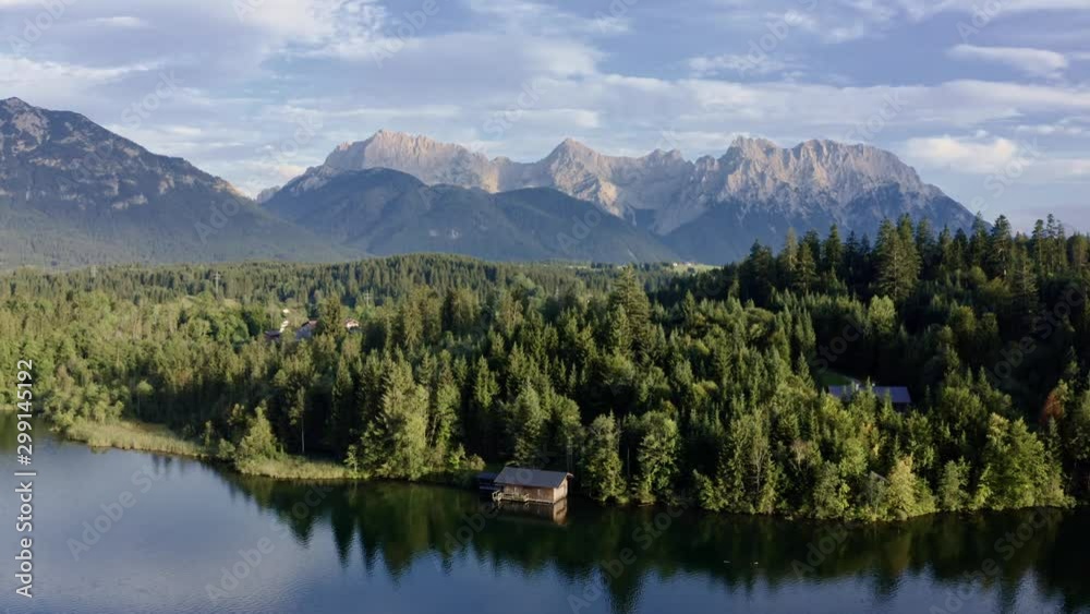 Drone shot of lake Barmsee near Kruen in Upper Bavaria, Germany Drone shot of lake Barmsee near Kruen in Upper Bavaria, Germany