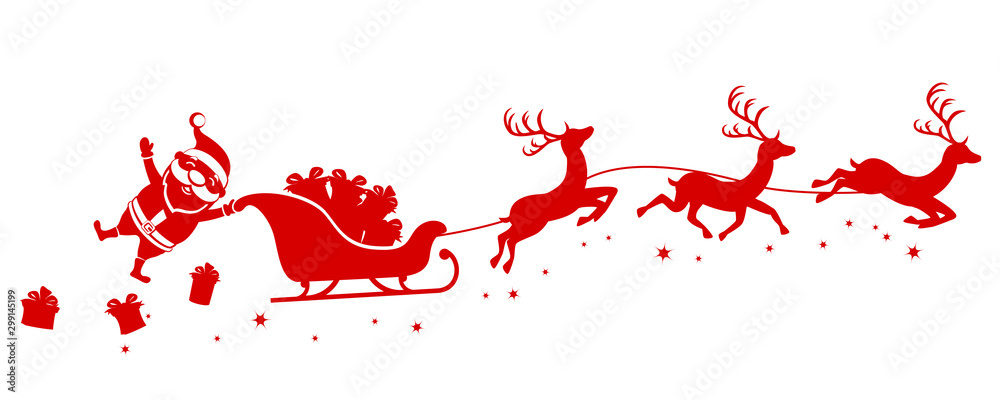 Silhouette of Santa holding one hand on a sleigh with reindeer and waving on a white. Christmas, new year - obrazy, fototapety, plakaty 
