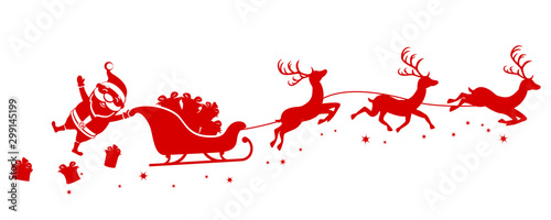 Silhouette of Santa holding one hand on a sleigh with reindeer and waving on a white. Christmas, new year