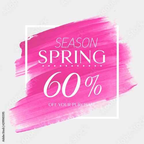 Spring Sale 60% off sign over watercolor art brush stroke paint abstract background vector illustration. Perfect acrylic design for a shop and sale banners.