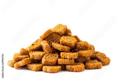 Pile of rye crackers to beer close-up on a white background. Isolated.