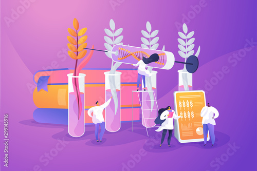 Agricultural genetics. Plants growing in test tube. Scientists breeding artificial crop. Genetically modified plants, GM crops, biotech crops concept. Vector isolated concept creative illustration