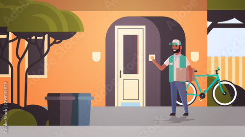 courier man delivering cardboard parcel ringing house doorbell express delivery service concept horizontal full length flat vector illustration