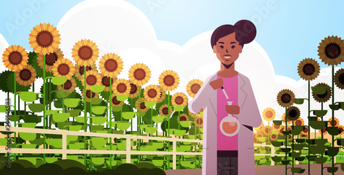 african american woman farmer scientist holding test tube making experiment on sunflowers field research science agriculture farming concept flat horizontal portrait vector illustration