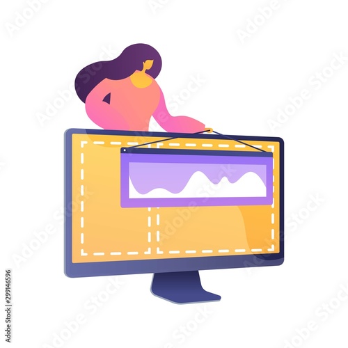 Web design and content creating. Landing page, website, homepage creating design element. Female graphics designer, developer flat character. Vector isolated concept metaphor illustration