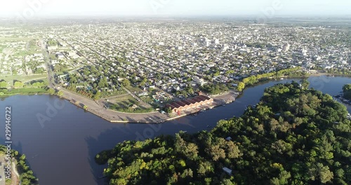 Aerial panoramic view of Gualeguaychu delta city. Cityscape. Flying above river delta. Entre Rios, Argentina. photo