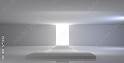 Empty white interior. Fashion podium. Catwalk runway stage. Elegance pedestal. 3D Rendering