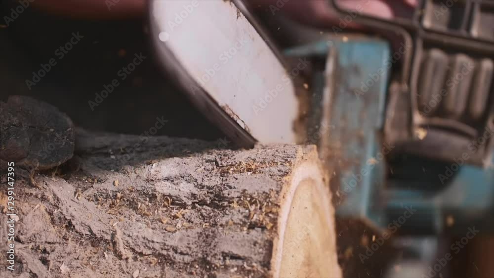 Man is sawing a wood with an electrical chainsaw at carpentry. A process of sawing, with wooden sawdust, front view in slow motion. Man is sawing a wood with an electrical chainsaw at carpentry. A process of sawing, with wooden sawdust, front view in slow motion.