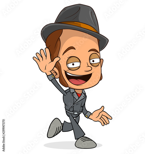 Cartoon funny smiling walking hooligan boy character with hat and whiskers. Layered EPS ready for animations. Isolated on white background. Vector icon.