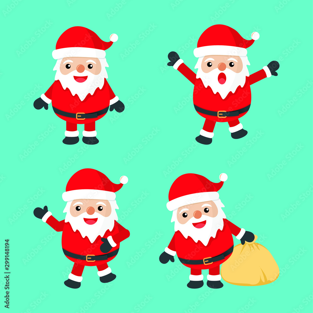 Santa Claus character with Funny, happy, gift, bag with presents, waving and greeting suitable For Christmas cards, banners, tags and labels