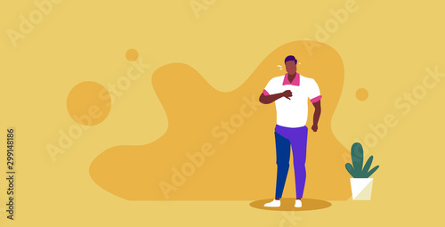 lonely sad guy crying and looking unhappy negative human emotion facial expression reaction depression concept african american man holding his chest sketch full length horizontal vector illustration