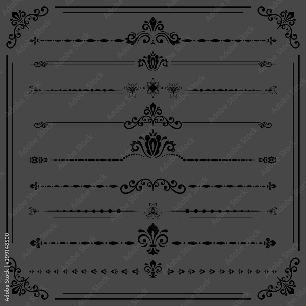 Vintage set of decorative elements. Horizontal separators in the frame. Collection of different ornaments. Classic patterns. Set of dark vintage patterns