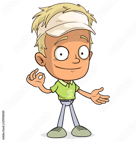 Cartoon blonde funny boy character in cap. Layered EPS ready for animations. Isolated on white background. Vector icon.