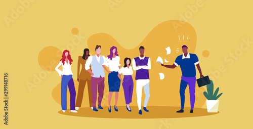 unsatisfied man boss throwing paper documents screaming on frustrated workers team bad job concept angry employer shouting employee sketch horizontal full length vector illustration