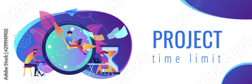 Busy business people with laptops hurry up to complete tasks at huge clock and hourglass. Deadline, project time limit, task due dates concept. Header or footer banner template with copy space.
