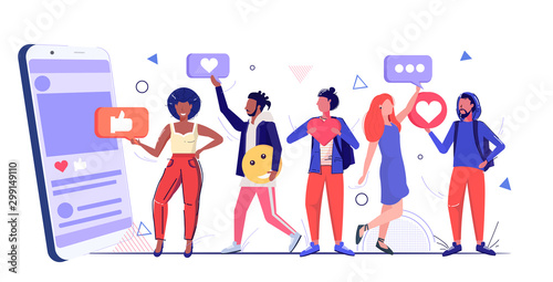 people holding social media icons network chat bubble communication concept mix race men women using online mobile application sketch full length horizontal vector illustration